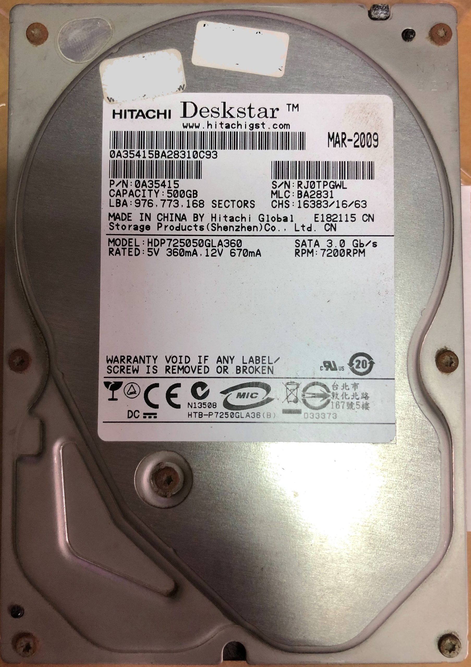 Hitachi HDP725050GLA360 500GB